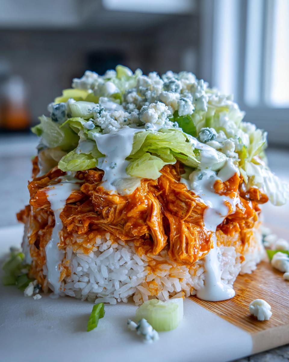 A tall, layered buffalo chicken bowl featuring white rice, saucy shredded chicken, ranch dressing, lettuce, and blue cheese crumbles.