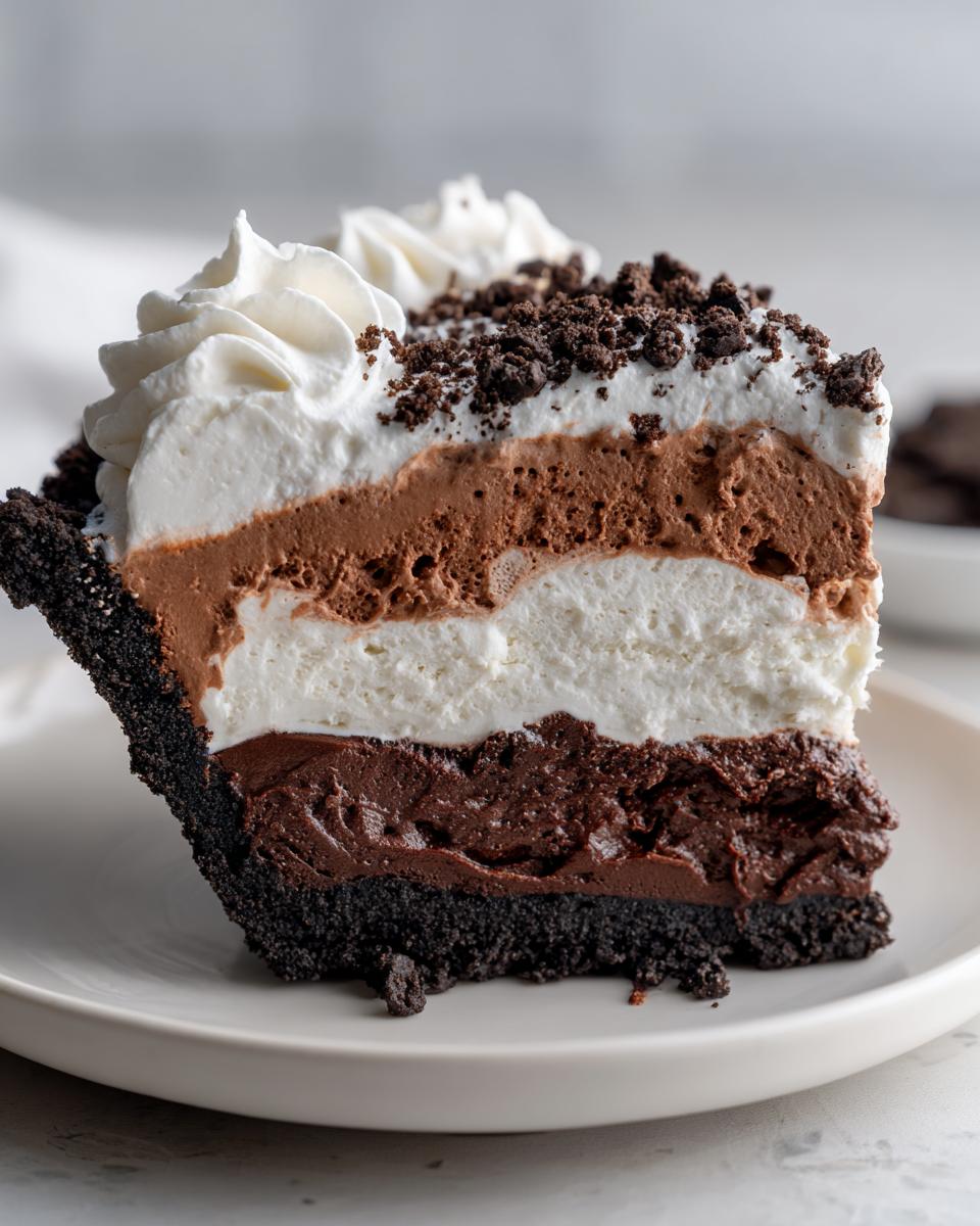 A tall slice of layered chocolate ice cream pie featuring a dark crust, chocolate pudding, vanilla mousse, chocolate mousse, and whipped cream topping.
