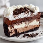 A decadent slice of layered chocolate ice cream pie with whipped cream topping and cookie crumbs.