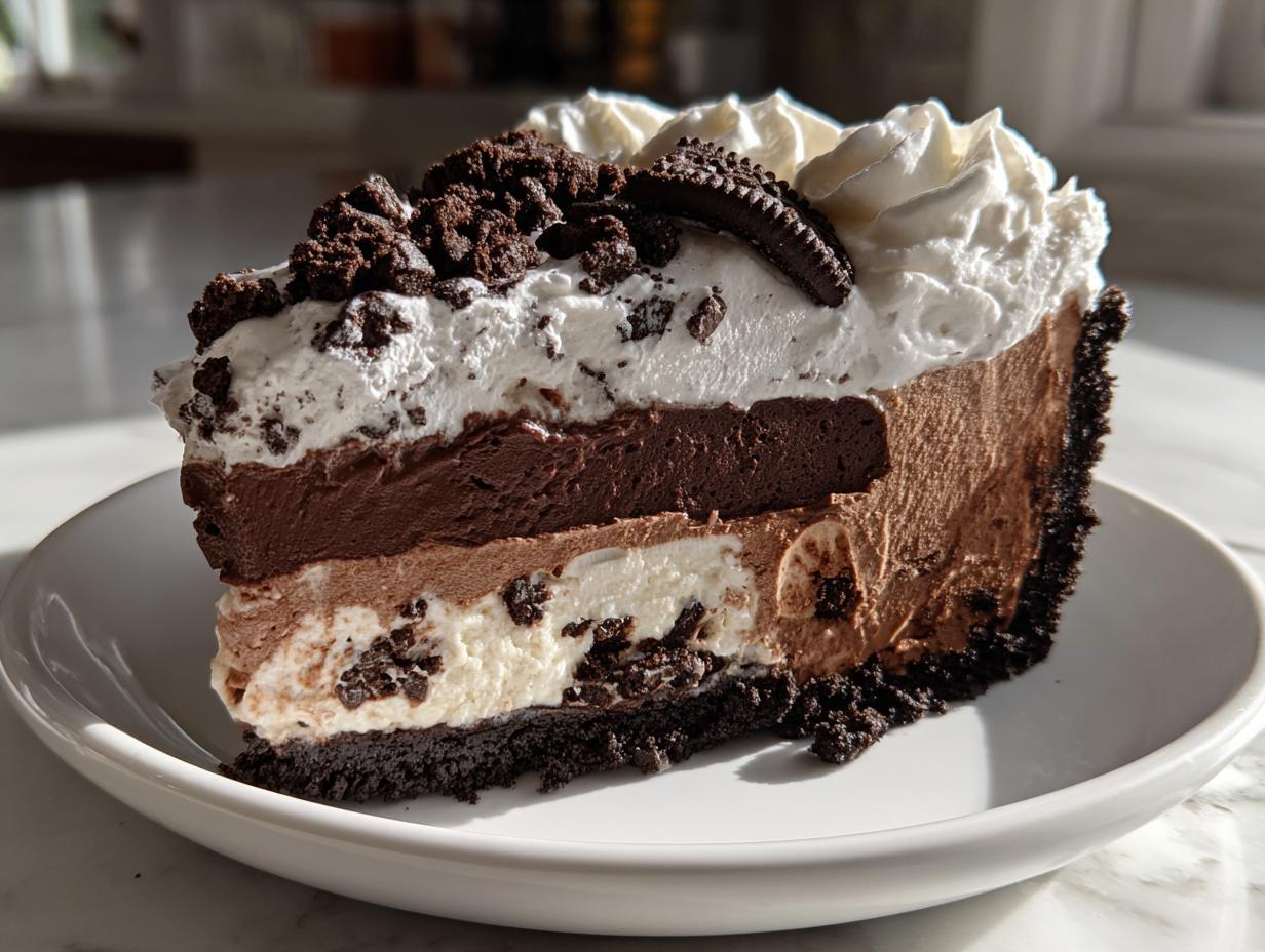A tall slice of layered chocolate no-bake ice cream pie with a dark cookie crust, sitting on a white plate.