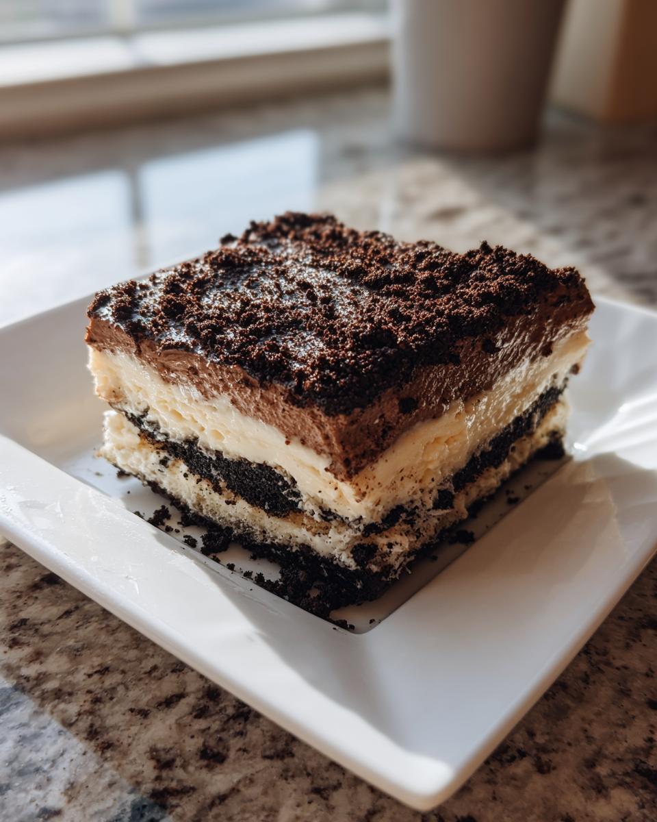 A square slice of layered Oreo dirt cake featuring chocolate crumb crust, cream filling, and chocolate topping.
