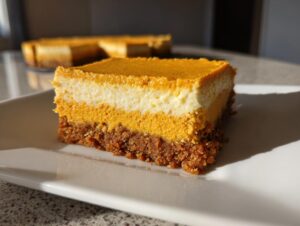 A close-up of a thick, layered pumpkin cheesecake bars slice showing graham crust, pumpkin layer, and cream cheese layer.