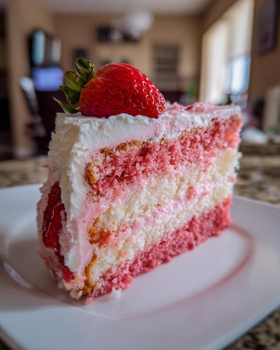 A decadent slice of layered strawberry cake featuring pink and white sponge, white frosting, and topped with a fresh strawberry.
