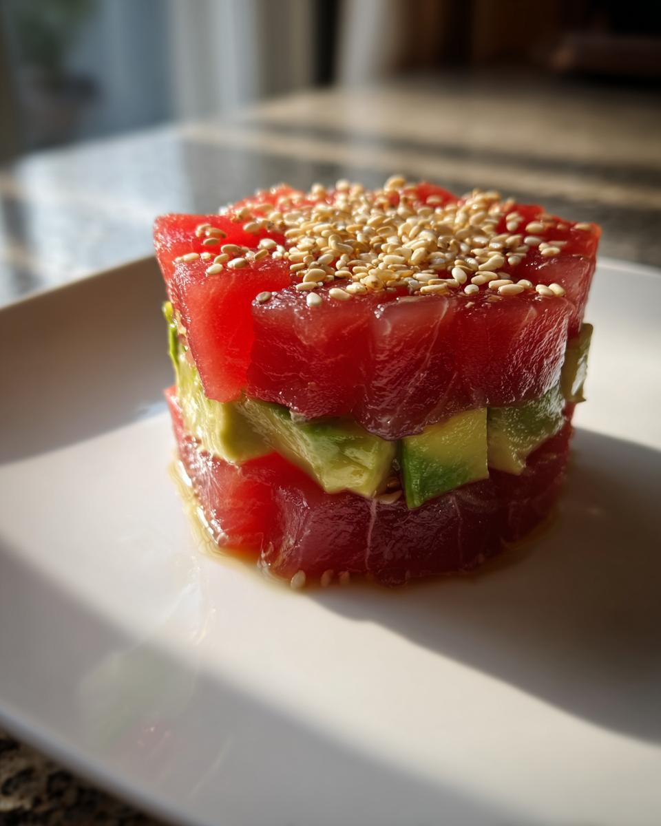 A beautifully molded tuna tartare tower layered with avocado and topped with toasted sesame seeds.