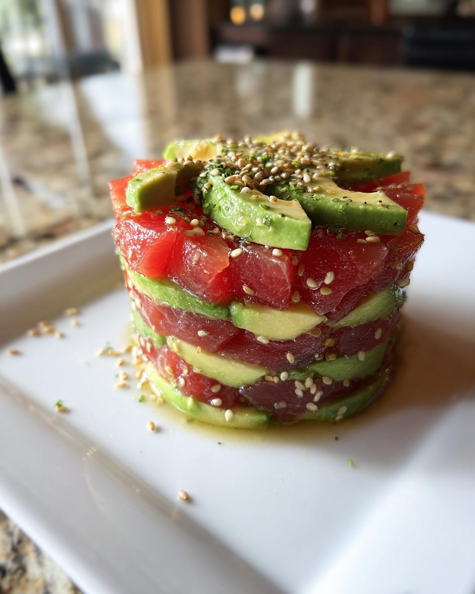 A beautifully layered tower of tuna tartare and avocado slices, topped with sesame seeds.