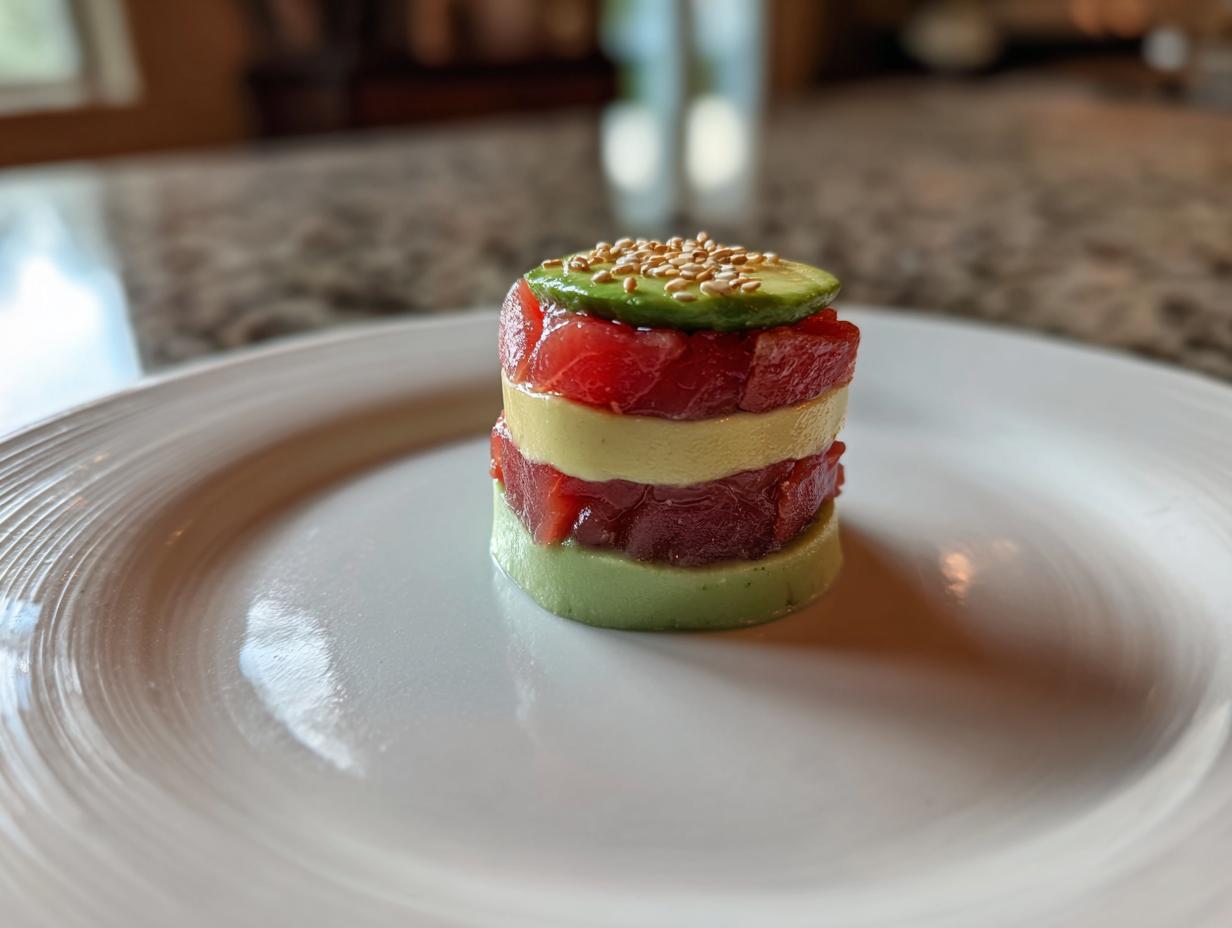 A perfectly layered tower of tuna tartare and avocado, topped with avocado and sesame seeds.