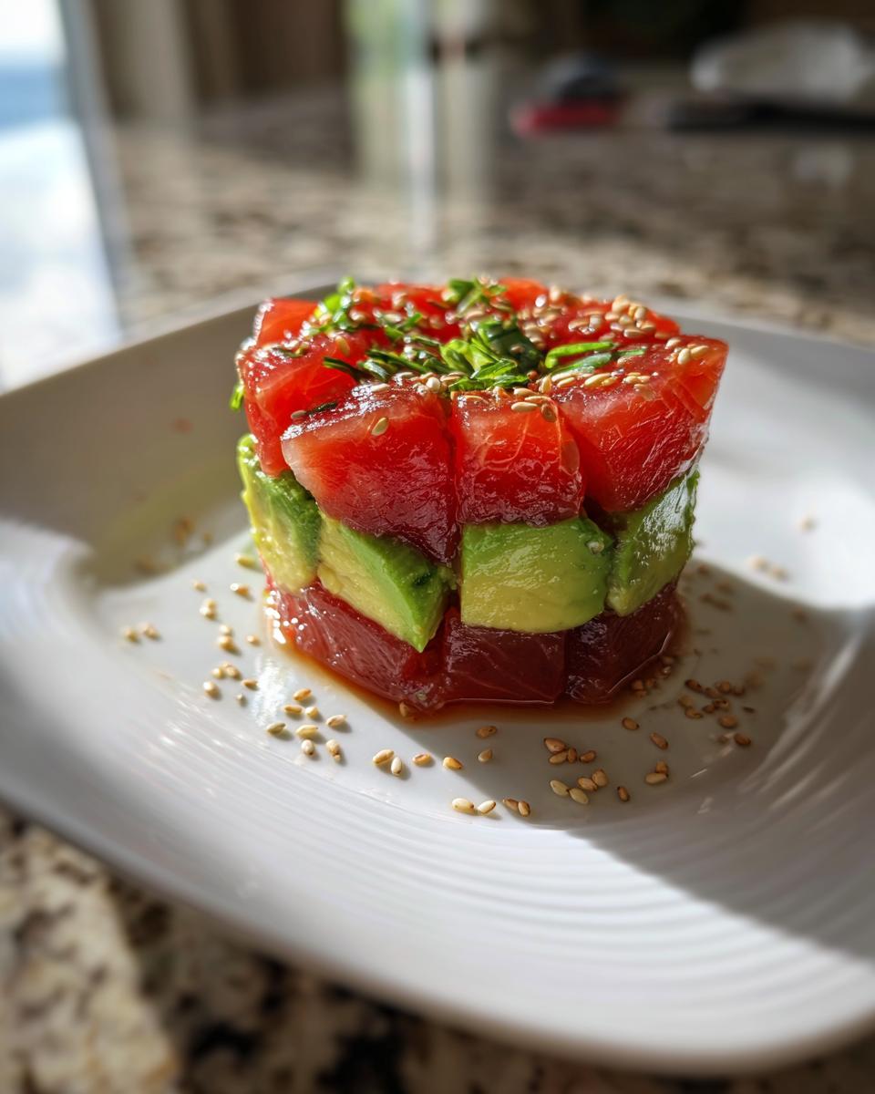A perfectly molded tower of tuna tartare layered with avocado cubes, topped with herbs and sesame seeds.