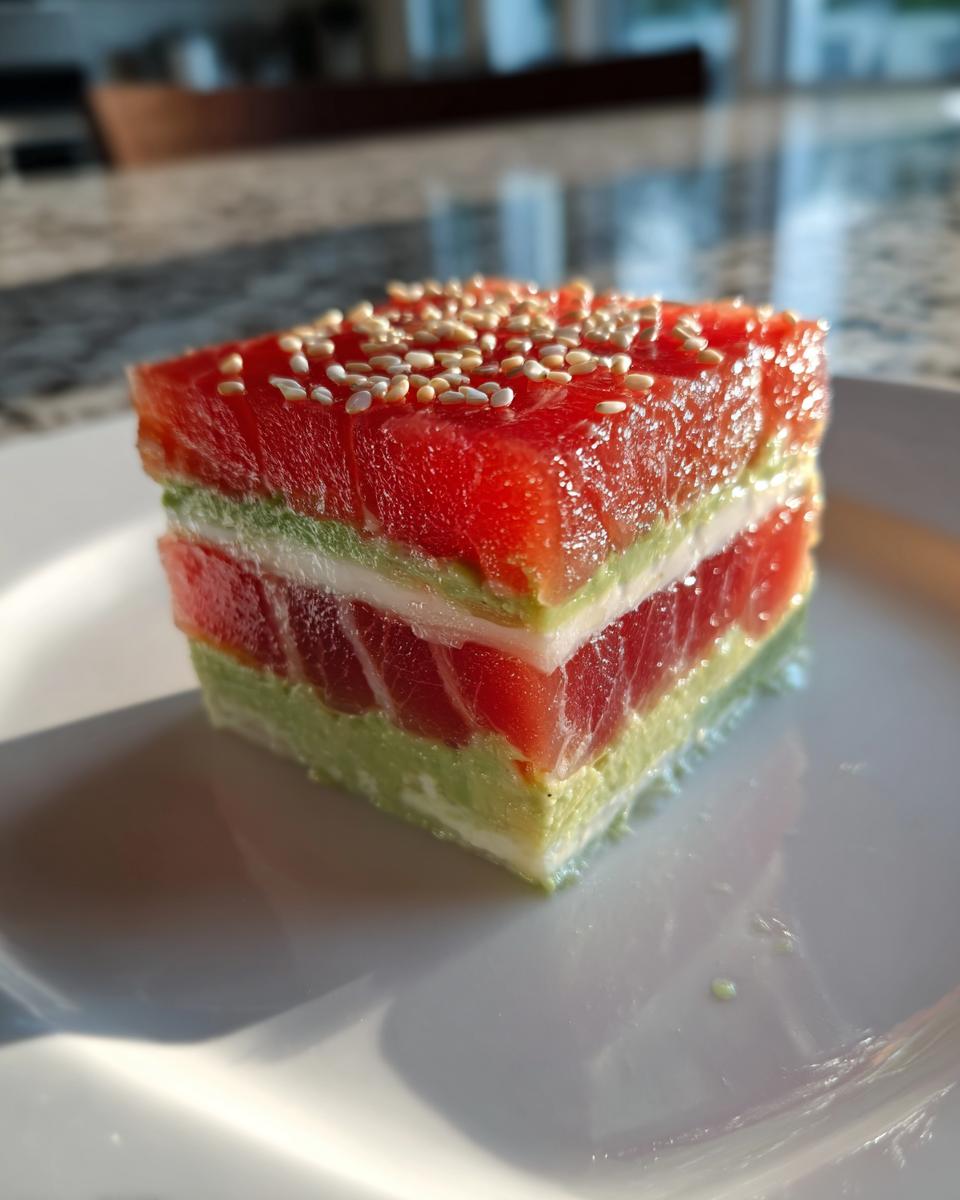 A square, layered portion of tuna tartare stacked with avocado and a white layer, topped with sesame seeds.