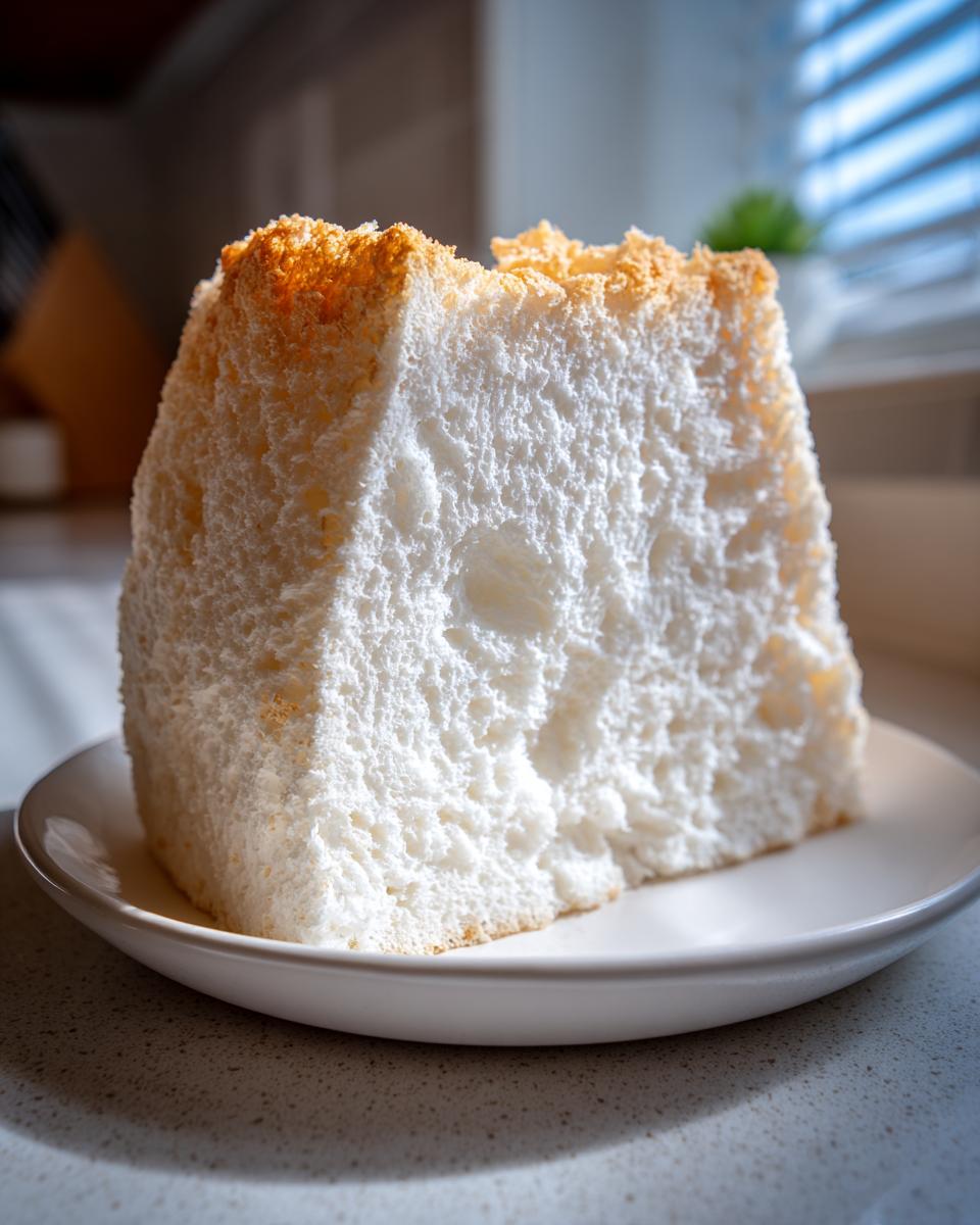 A tall, fluffy slice of white angel food cake with a lightly browned top sitting on a white plate.