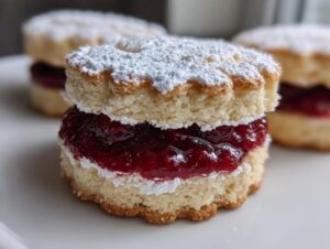A close-up of a melt-in-your-mouth linzer cookie sandwich filled with bright red jam and dusted with powdered sugar.