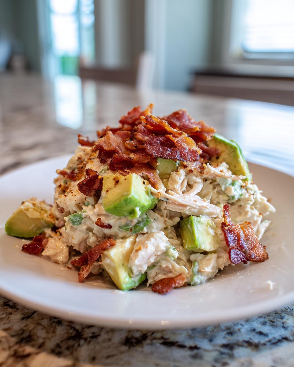 A mound of creamy honey mustard chicken salad topped generously with crispy bacon crumbles and fresh avocado chunks.