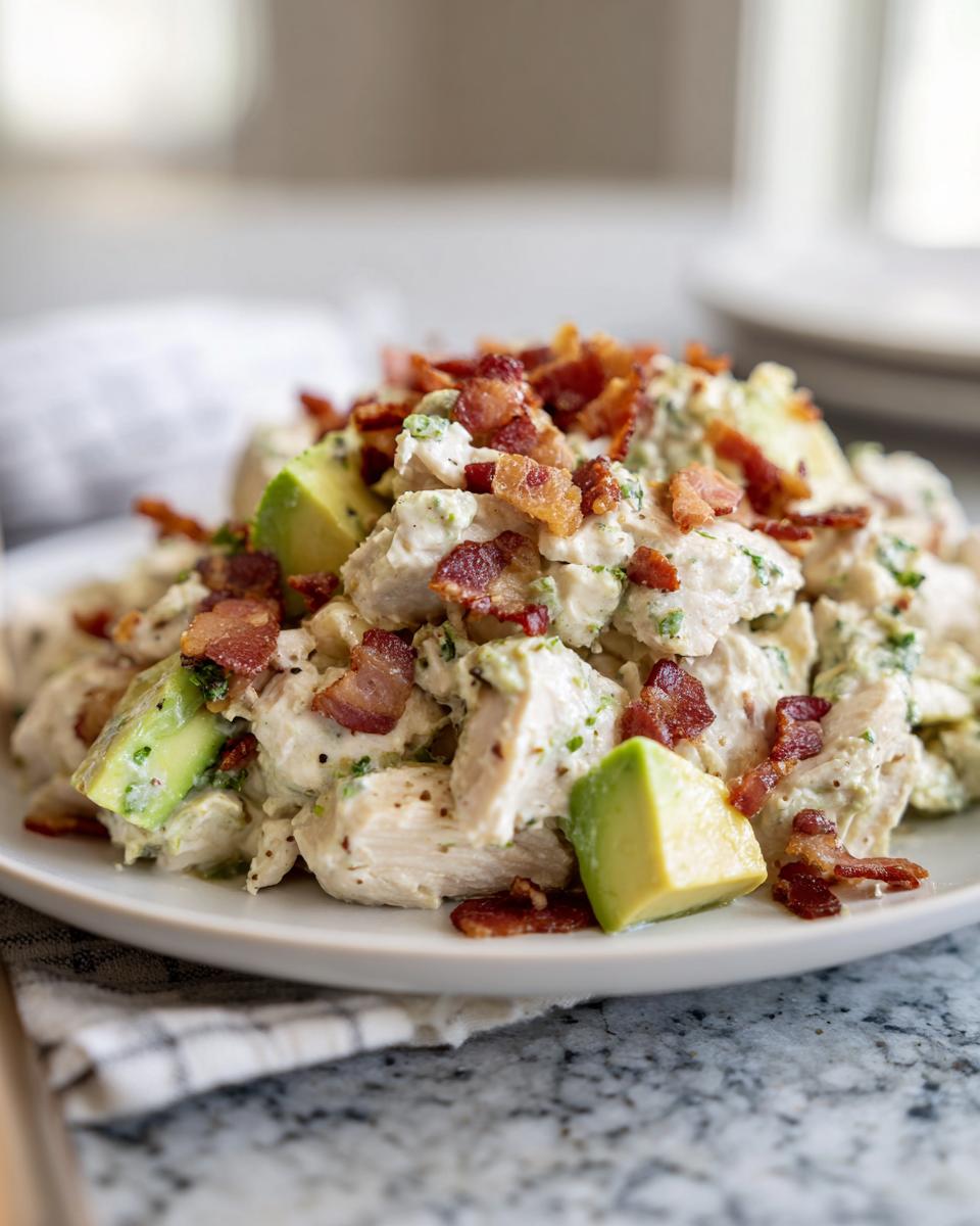 Close-up of creamy honey mustard chicken salad chunks topped with crispy bacon bits and fresh avocado pieces.