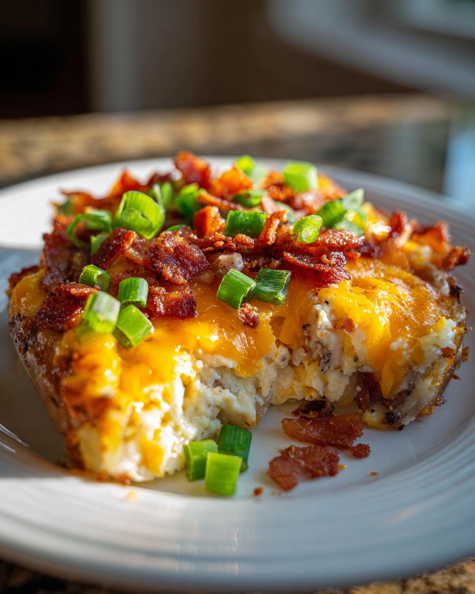 A serving of loaded potato casserole topped with melted cheddar cheese, bacon bits, and green onions.