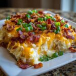 A serving of creamy potato casserole topped with melted cheddar cheese, crispy bacon bits, and fresh green onions.