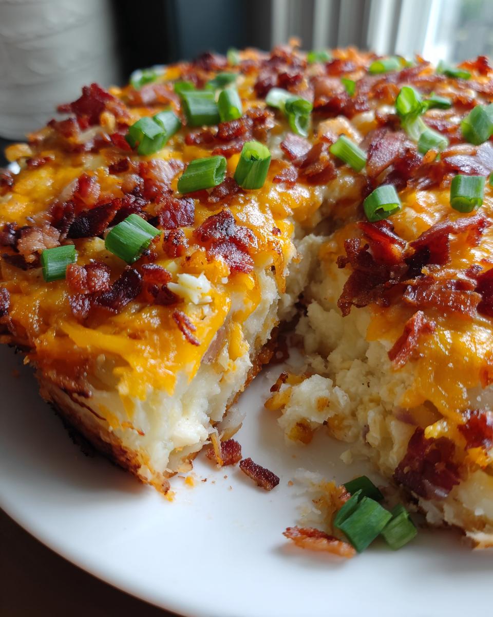 Close-up of a scoop taken out of a loaded potato casserole topped with melted cheddar cheese, bacon bits, and green onions.