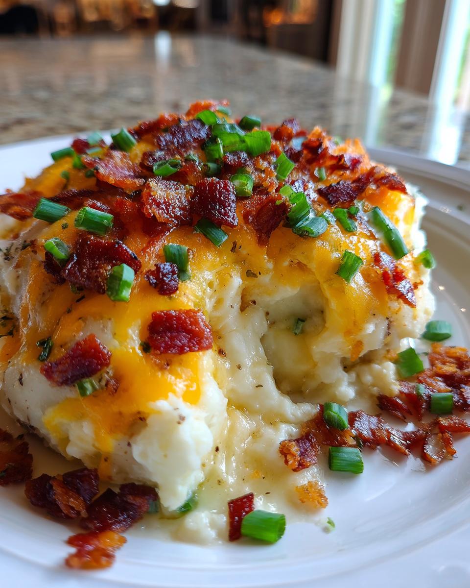 A close-up of a scoop of creamy potato casserole topped with melted cheddar cheese, crispy bacon bits, and fresh green chives.