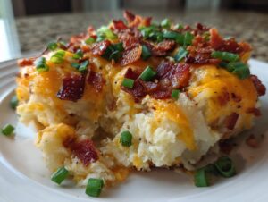A close-up serving of a creamy potato casserole topped with melted cheddar cheese, crispy bacon bits, and fresh green onions.