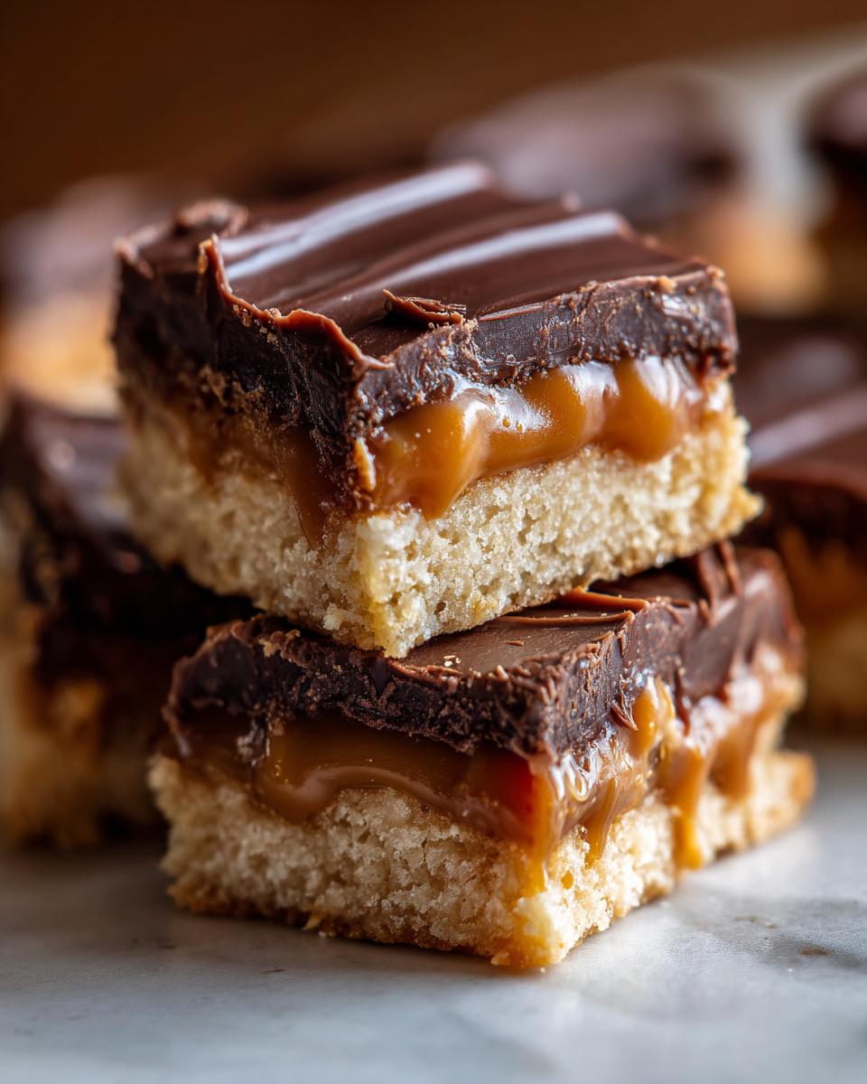 Two stacked squares of low-calorie twix cookie bars featuring a shortbread base, gooey caramel, and chocolate topping.