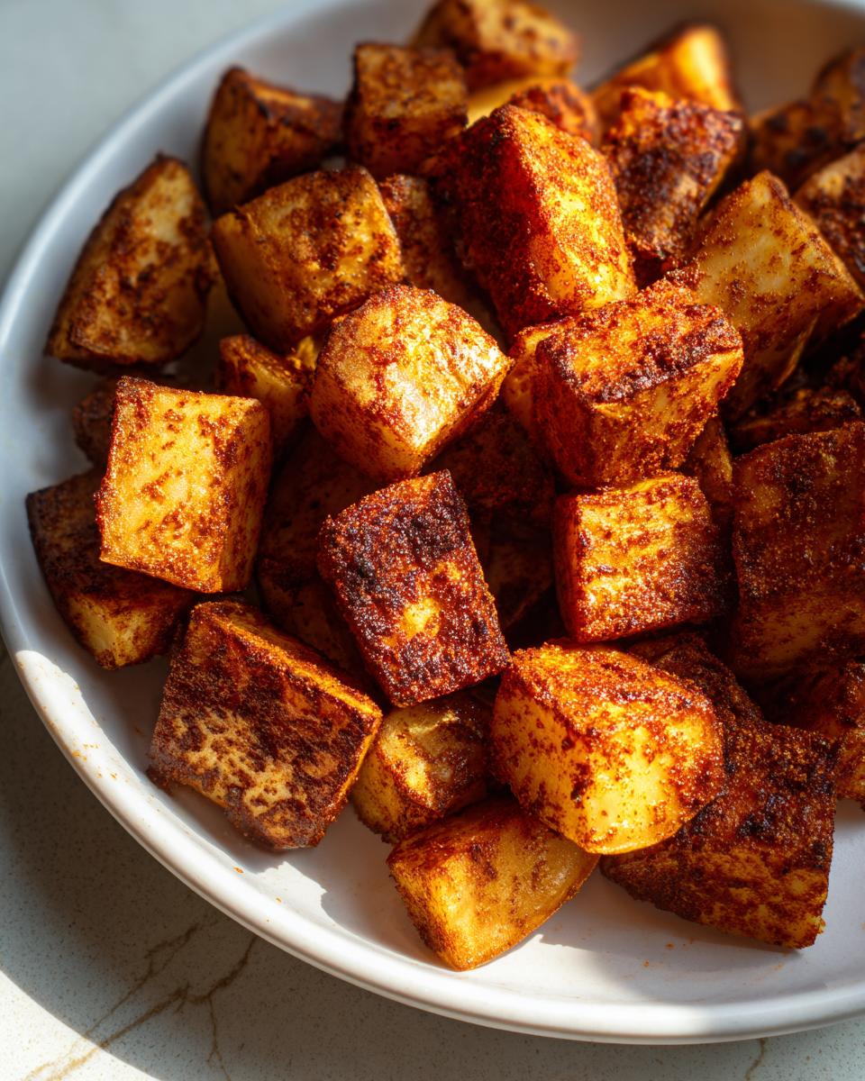 Close-up of crispy, cubed Mexican Potatoes heavily seasoned with spices, served on a white plate.