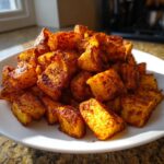 A close-up of perfectly roasted Mexican Potatoes cubes seasoned with chili powder, piled high on a white plate.