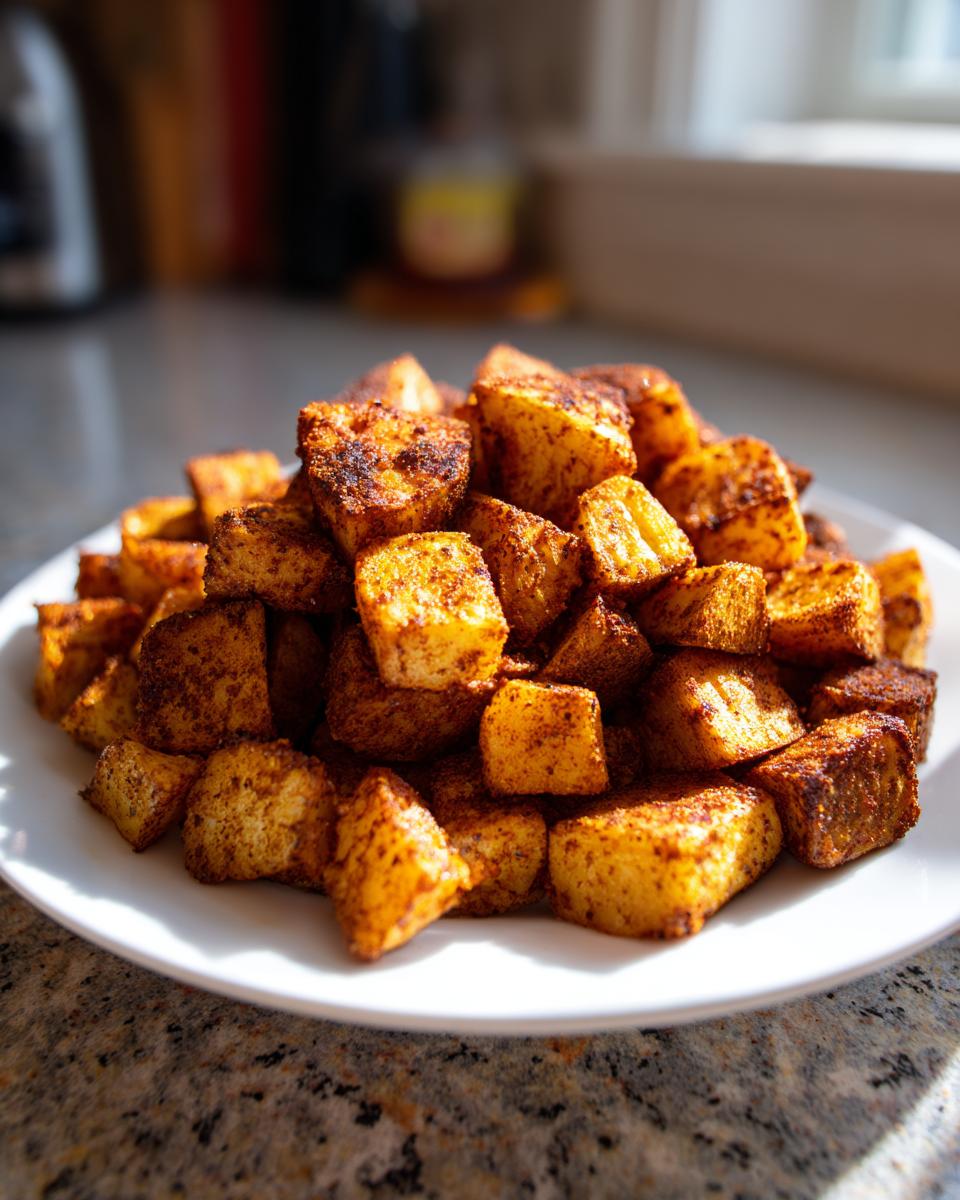 A mound of perfectly roasted Mexican Potatoes, seasoned with spices, piled high on a white plate.