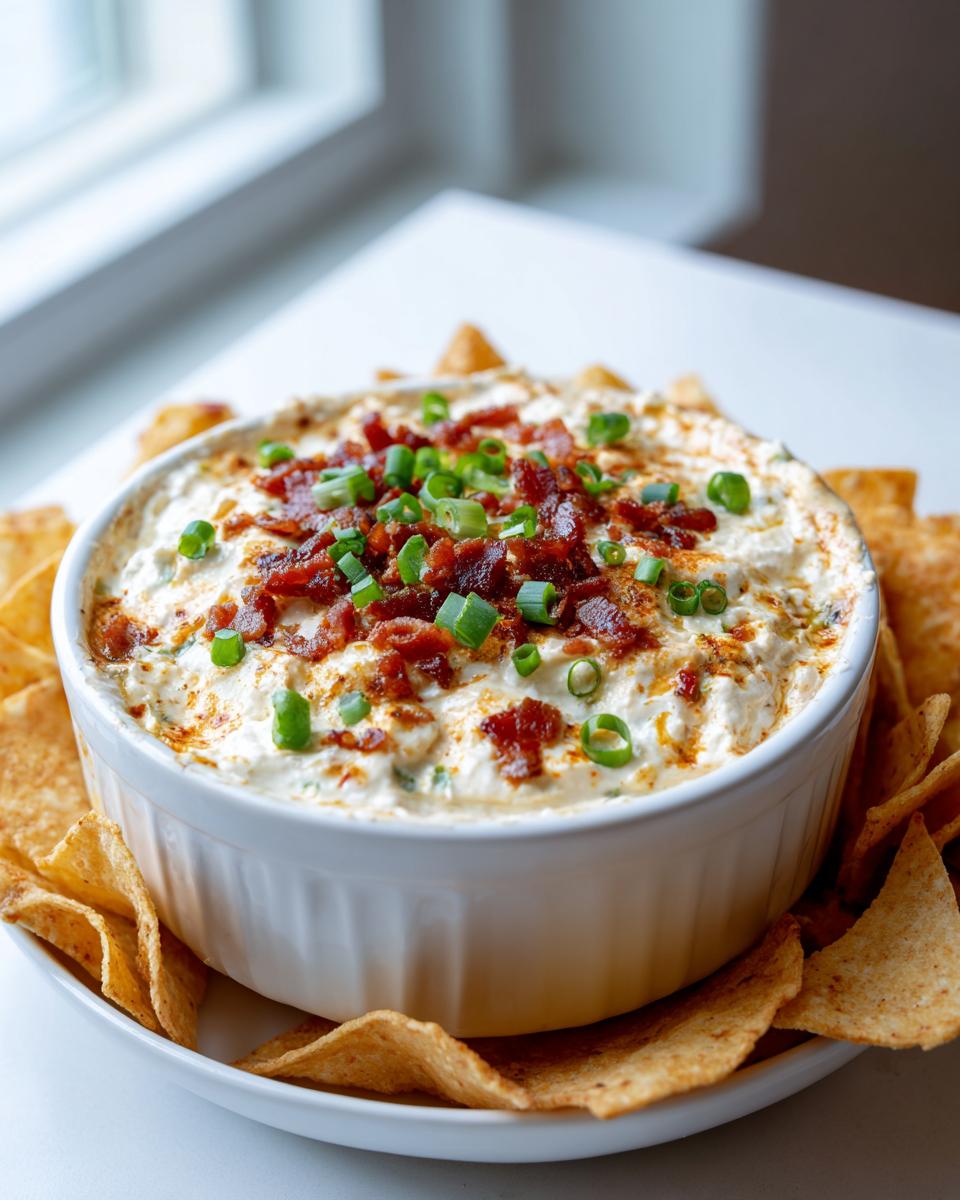 A white bowl filled with creamy million dollar dip, topped with bacon bits and green onions, served with tortilla chips.