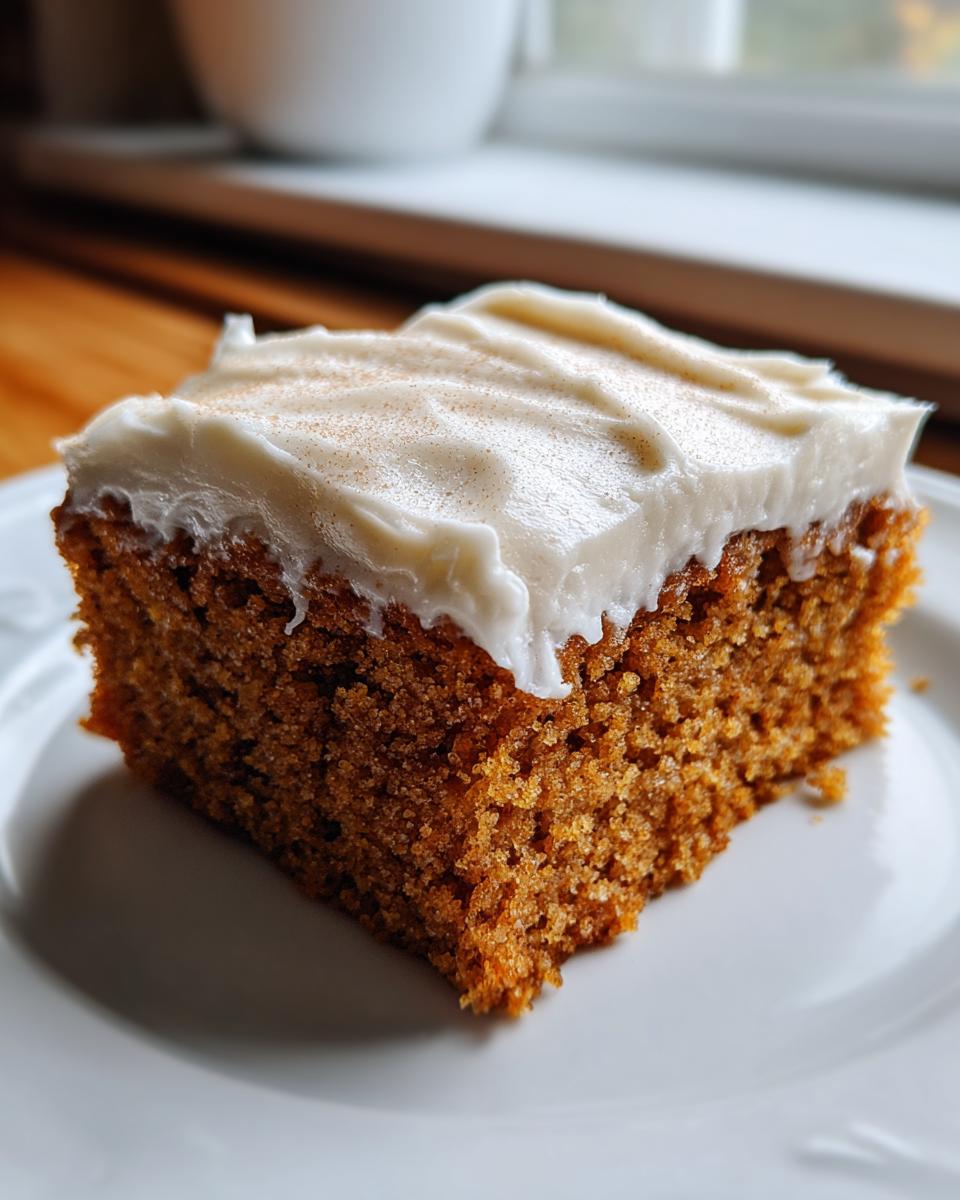 Close-up of a square slice of moist applesauce cake topped with thick cream cheese frosting and a sprinkle of cinnamon.