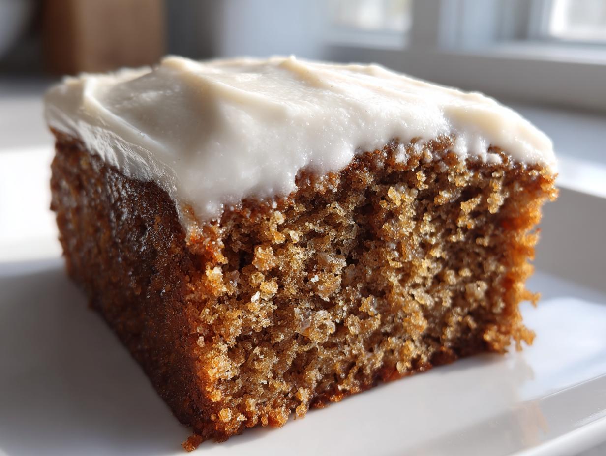 Close-up of a moist, rich brown slice of applesauce cake topped with thick white frosting.