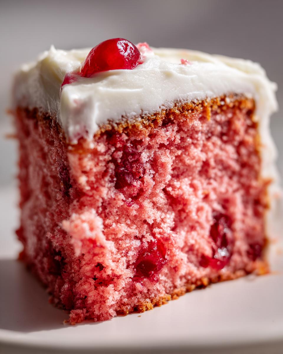 A close-up of a moist, pink slice of cherry cake with visible fruit pieces and topped with thick white frosting and a single cherry.