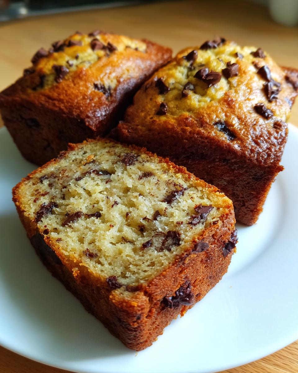Close-up of three chocolate chip mini banana bread loaves, one sliced to show the moist interior.