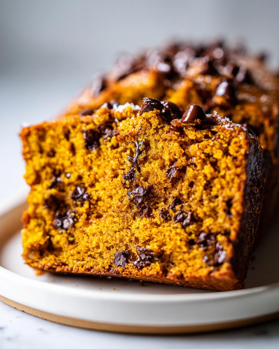 Close-up of a moist slice of chocolate chip pumpkin bread showing its orange crumb texture.