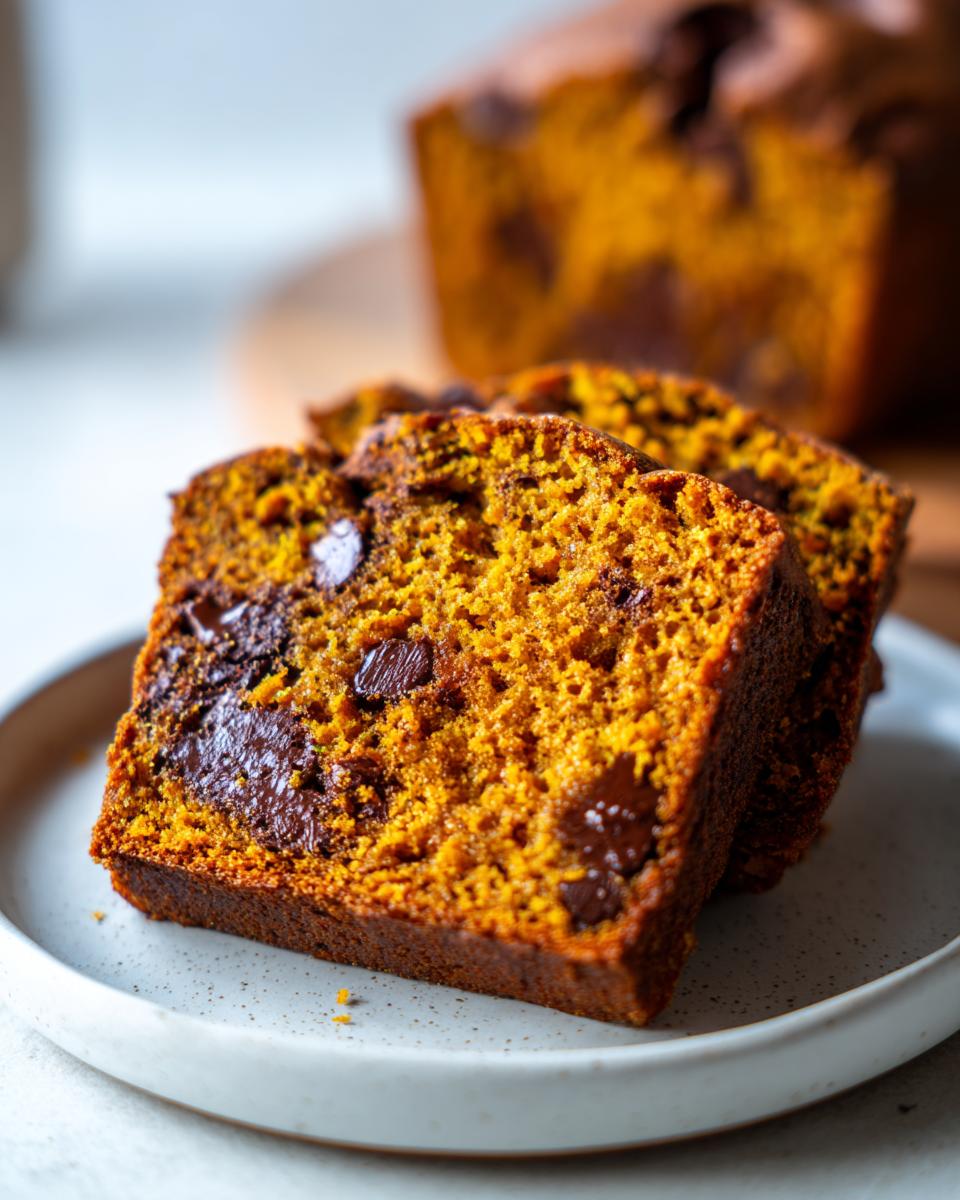 Close-up of moist chocolate chip pumpkin bread slices stacked on a speckled plate.