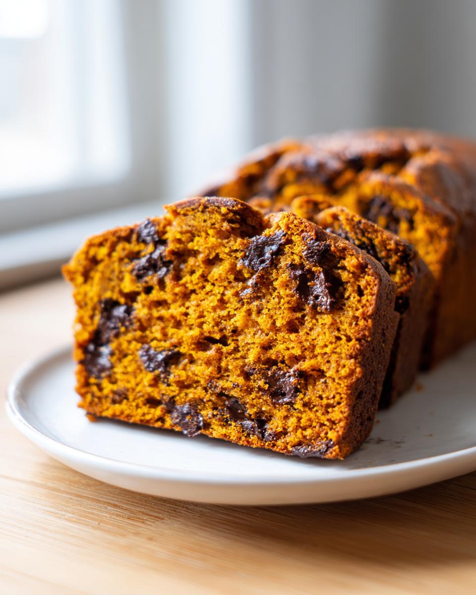 Close-up of moist, orange-colored pumpkin bread slices loaded with dark chocolate chips on a white plate.