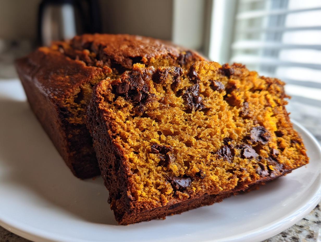 Close-up of moist pumpkin bread with visible chocolate chips, sliced and resting on a white plate.