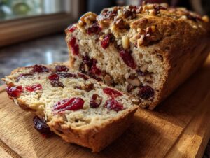 A moist loaf of cranberry walnut bread, partially sliced, showing cranberries and walnuts throughout the crumb.
