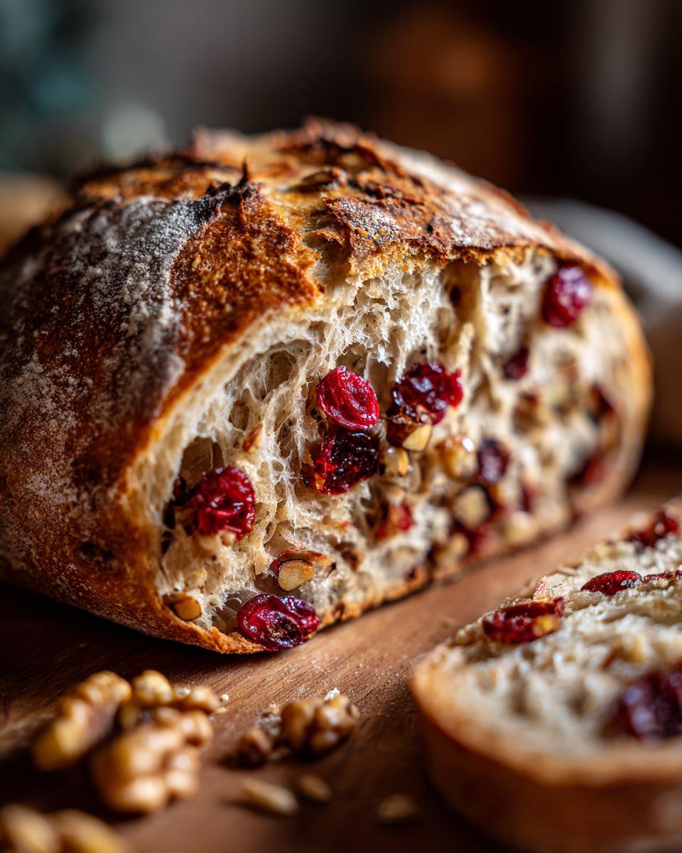 Cross-section of a moist cranberry walnut bread loaf showing open crumb, dried cranberries, and walnuts.