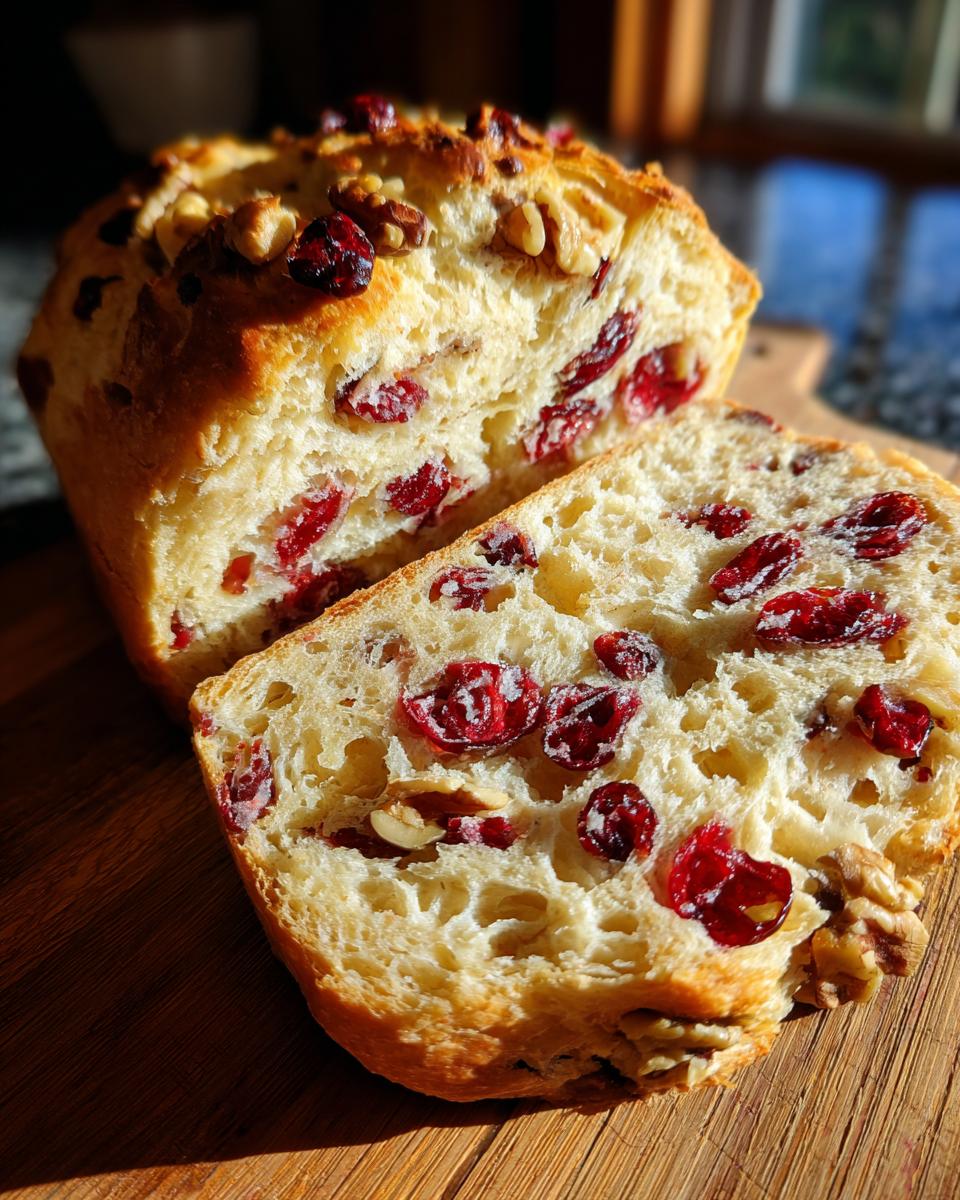 A close-up of a freshly baked cranberry walnut bread loaf, showing a thick slice revealing the moist crumb studded with bright red cranberries and walnuts.