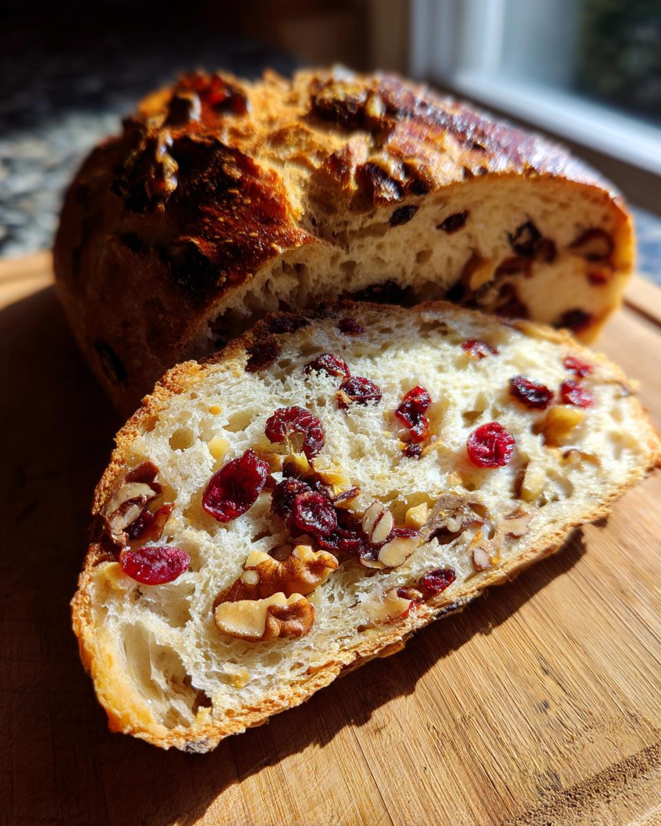 A close-up of a thick slice of cranberry walnut bread showing dried cranberries and walnuts embedded in the soft interior.
