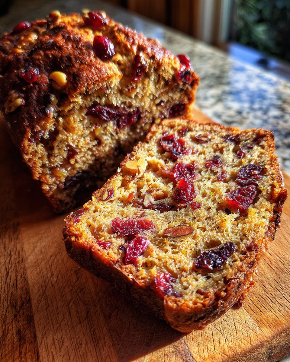 Close-up of a moist slice of cranberry walnut bread showing dried cranberries and chopped walnuts throughout the crumb.