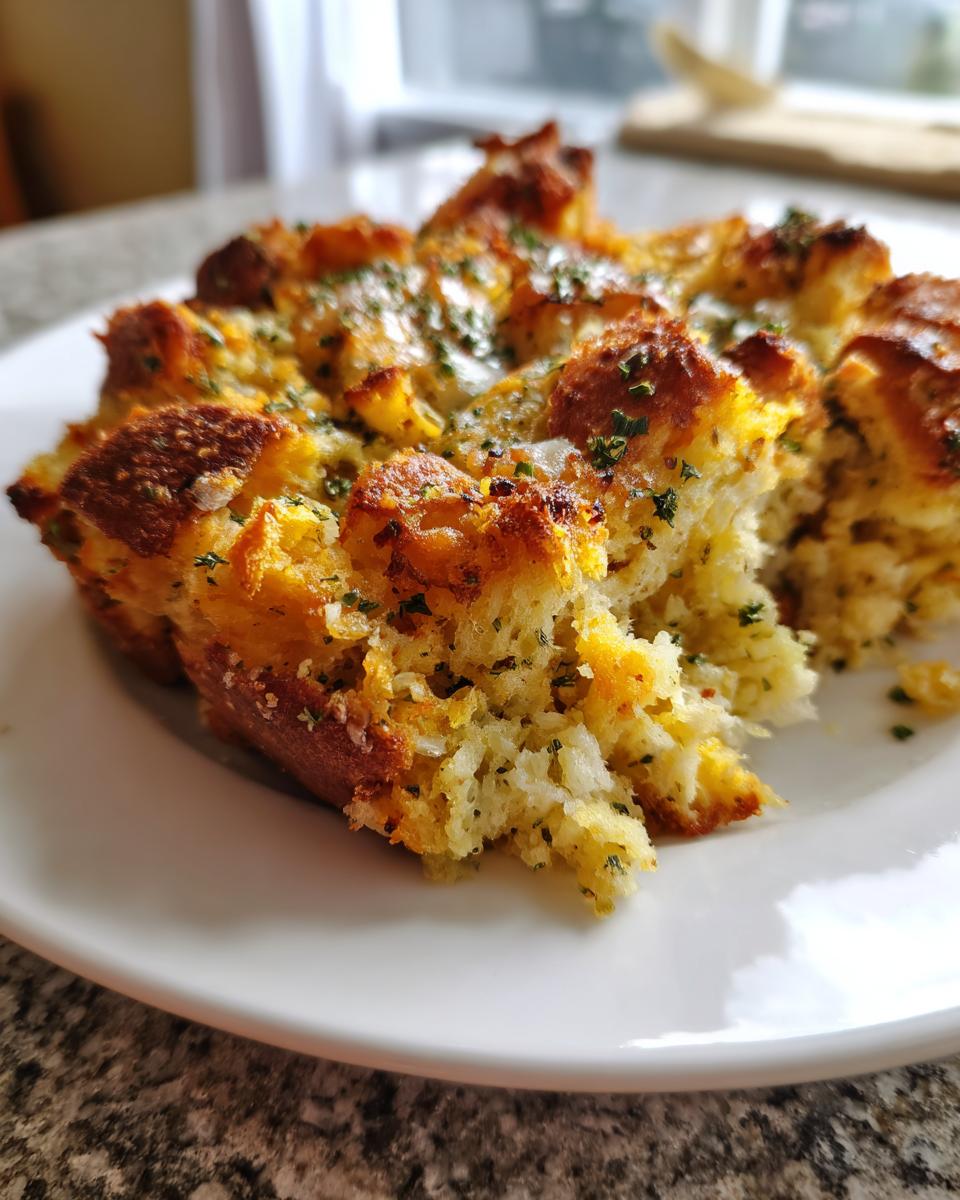 Close-up of a portion of moist, golden-brown baked stuffing topped with fresh parsley.