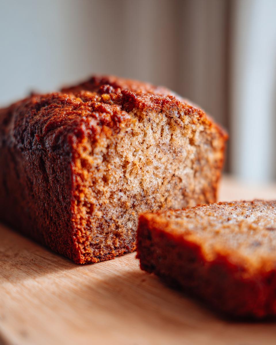 Close-up of a freshly baked, moist greek yogurt banana bread loaf with one slice cut beside it.