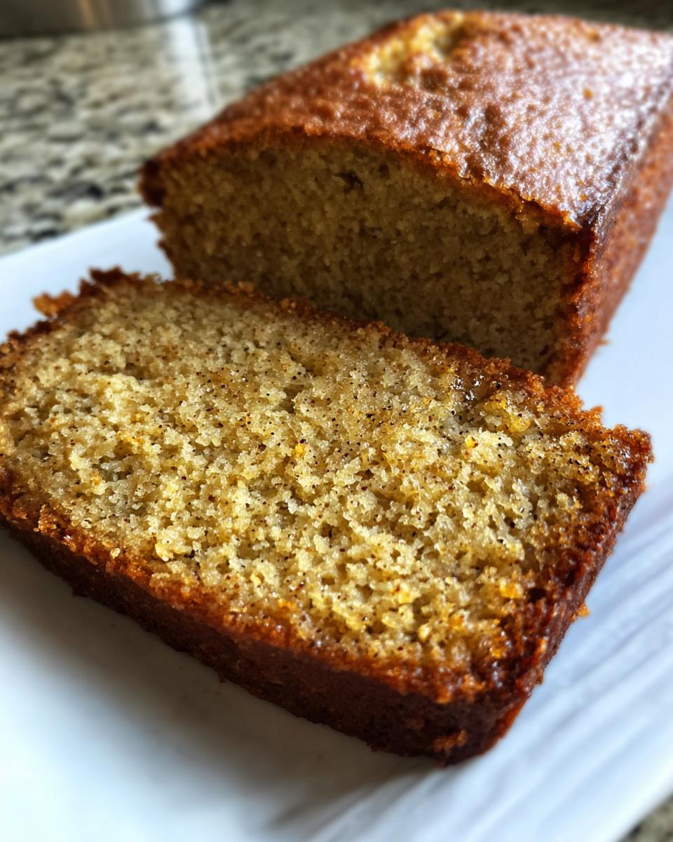 Close-up of a moist slice of greek yogurt banana bread showing its golden-brown crust and tender crumb.