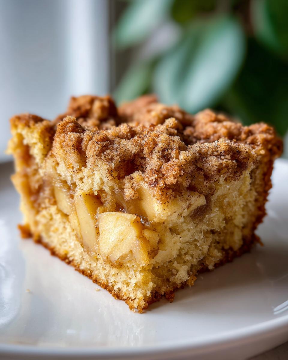 Close-up of a moist slice of jewish apple cake showing tender cake, chunks of baked apple, and a cinnamon crumb topping.