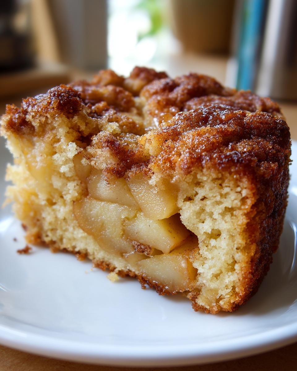 Close-up of a moist slice of jewish apple cake showing chunks of baked apples inside and a sugary cinnamon crumble topping.