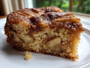 Close-up of a moist slice of jewish apple cake showing tender crumb and caramelized apple pieces.