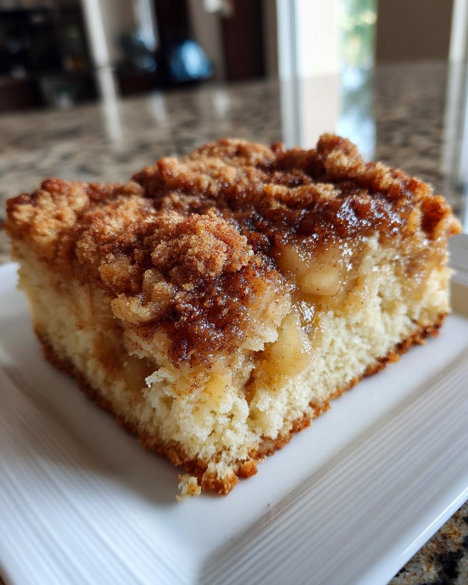A close-up of a moist slice of jewish apple cake featuring soft cake, tender apples, and a cinnamon streusel topping.