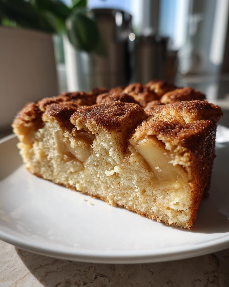 Close-up of a moist slice of jewish apple cake, showing tender crumb and baked apple pieces under a cinnamon sugar topping.