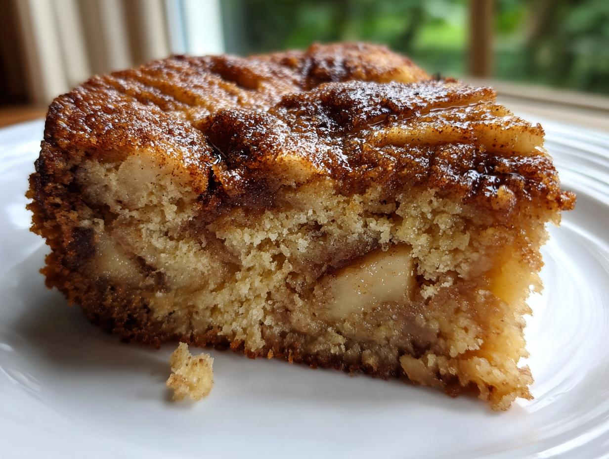 Close-up of a moist slice of jewish apple cake showing tender crumb and caramelized apple pieces.