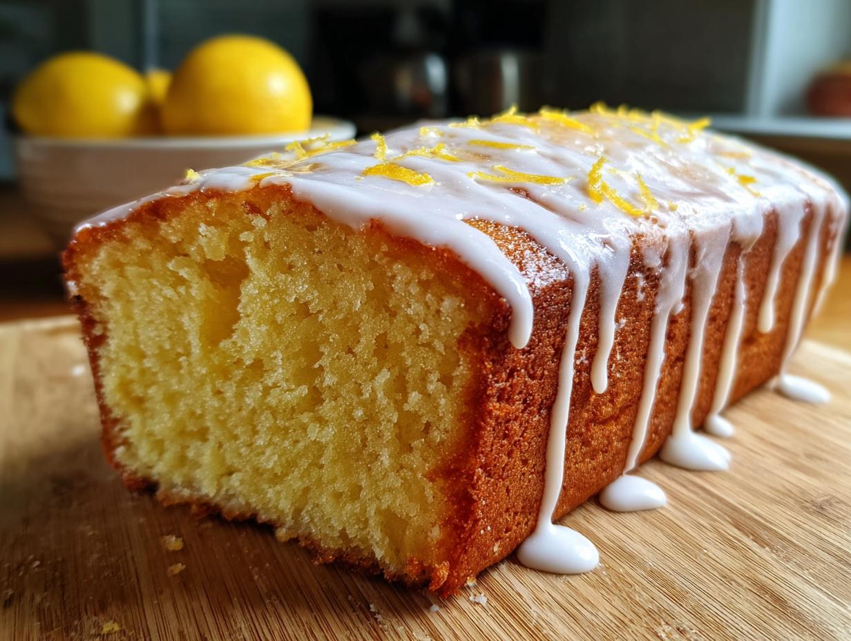 Close-up of a moist lemon loaf cake drizzled with white icing and topped with lemon zest.