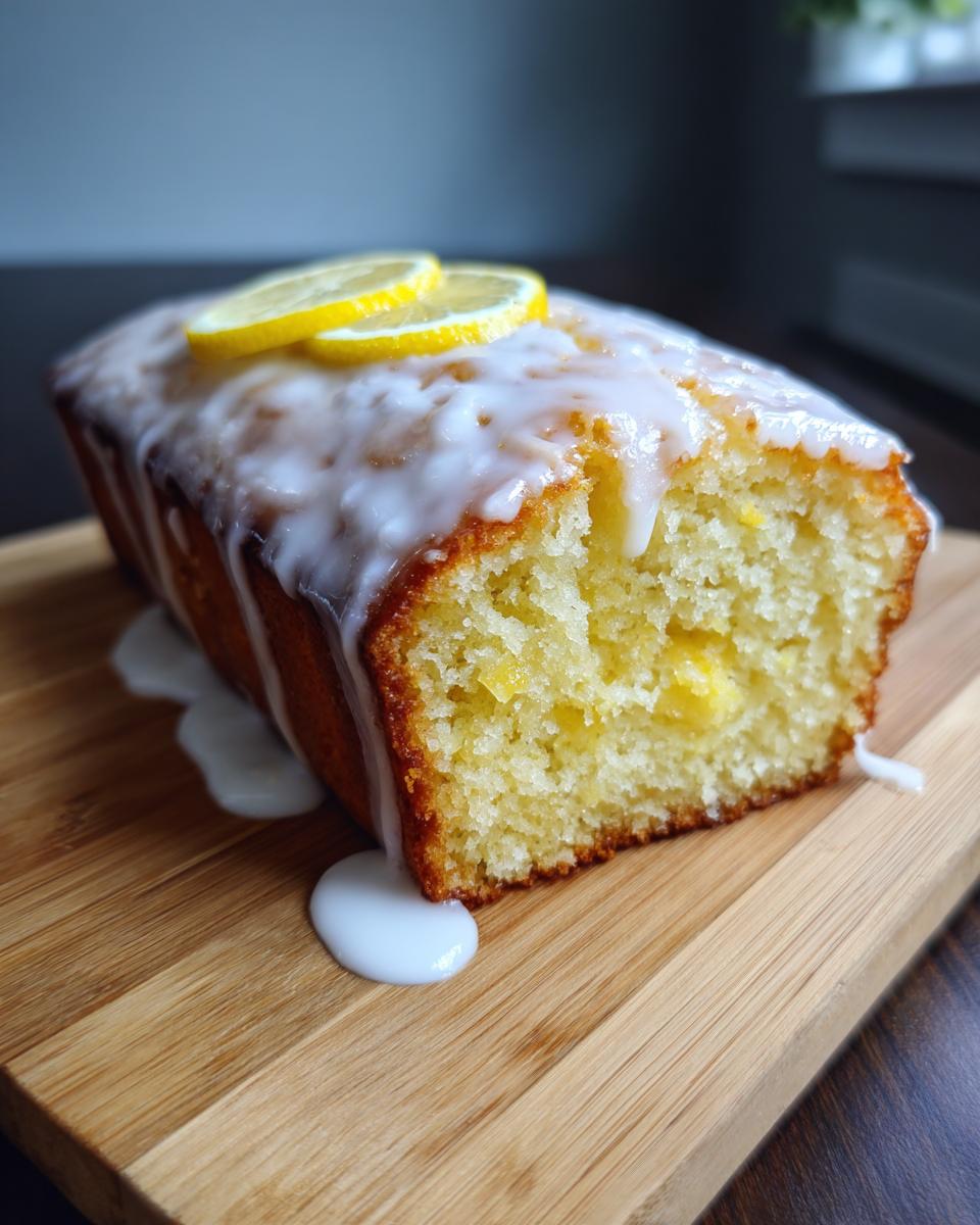 Close-up of a moist lemon loaf cake with thick white glaze and lemon slices on top.